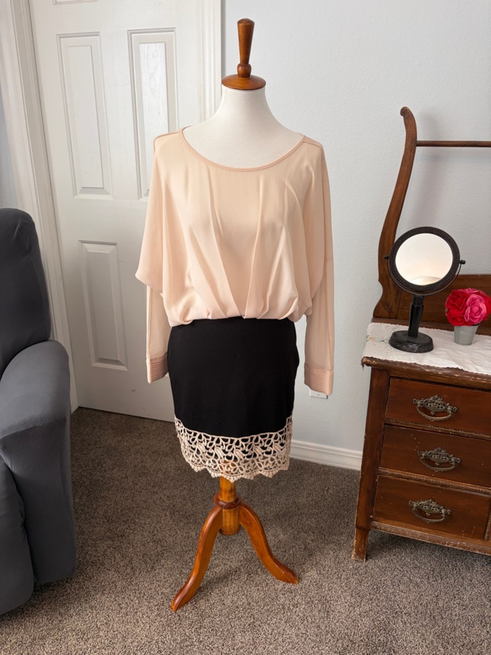 Forever 21 cream sheet Top with Black Skirt combo dress with Cream Lace Hem